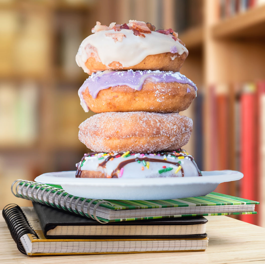 Cafe atmosphere with donuts and books